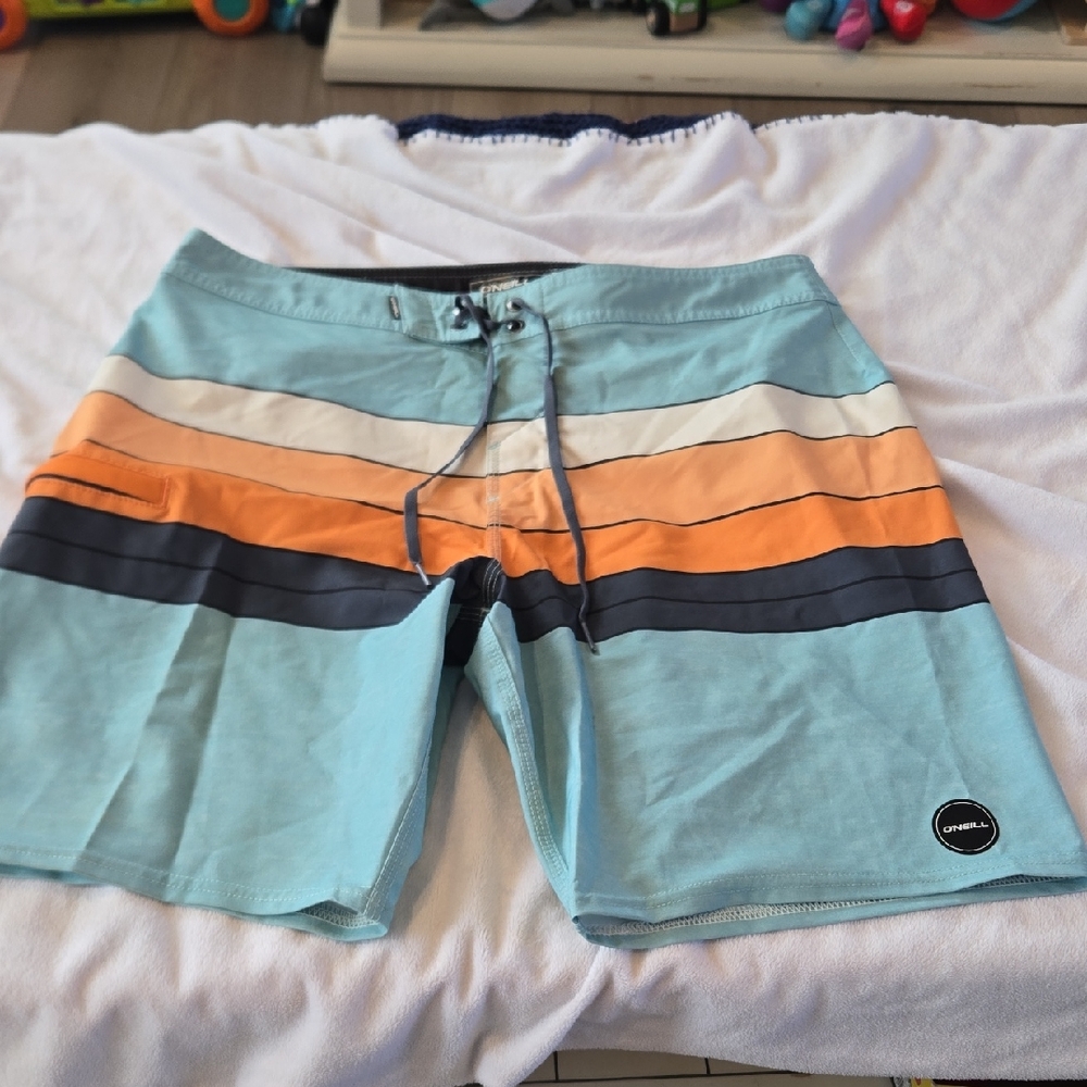 O'Neill Men's Blue and Orange Striped Board Shorts